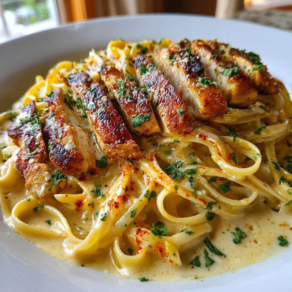 spicy cajun chicken linguine in creamy garlic parmesan sauce - detail 1