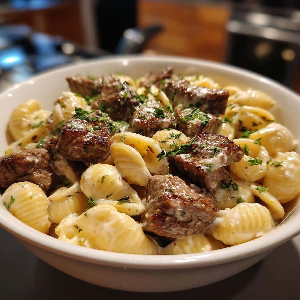 steak bites and shell pasta in garlic butter alfredo sauce - detail 1