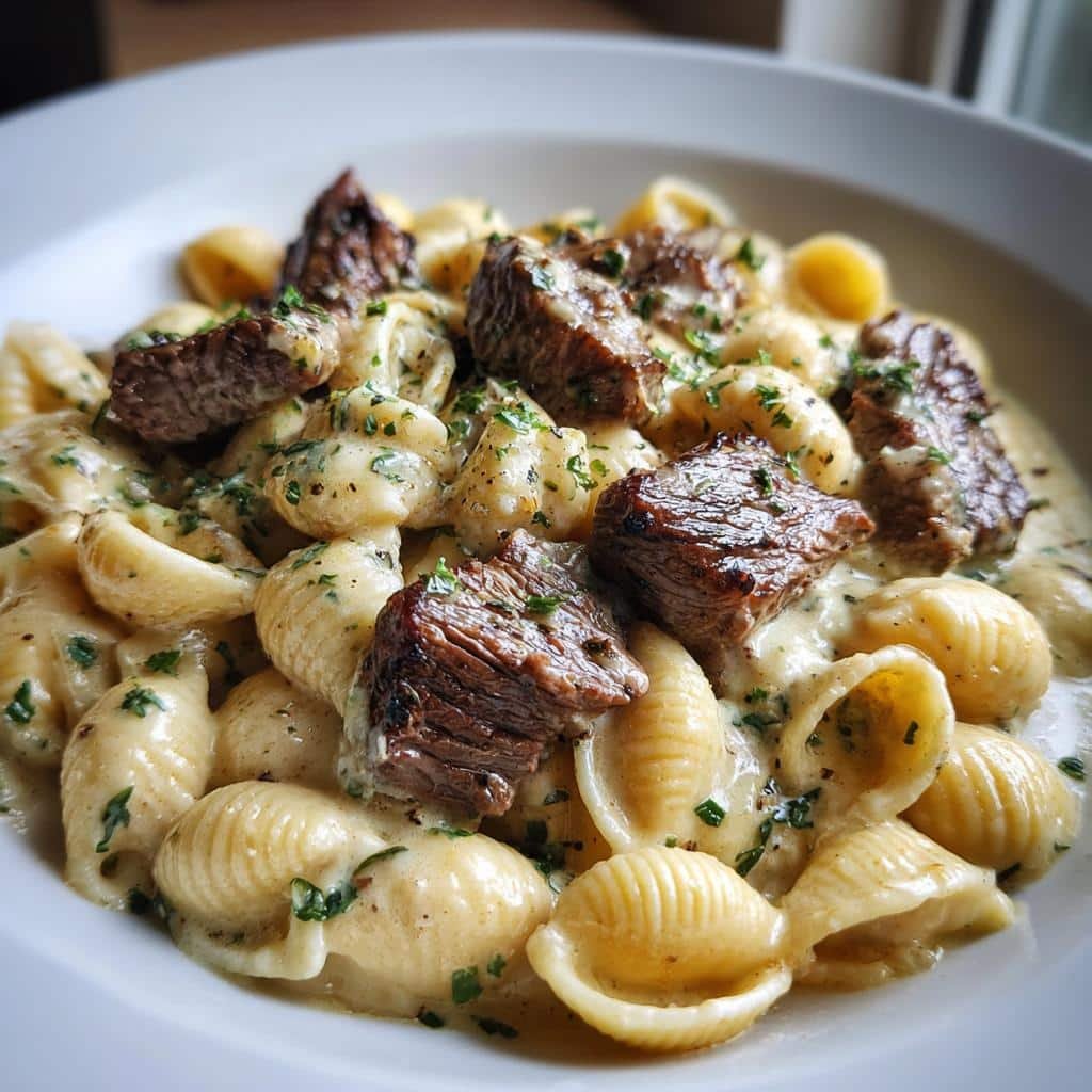 steak bites and shell pasta in garlic butter alfredo sauce