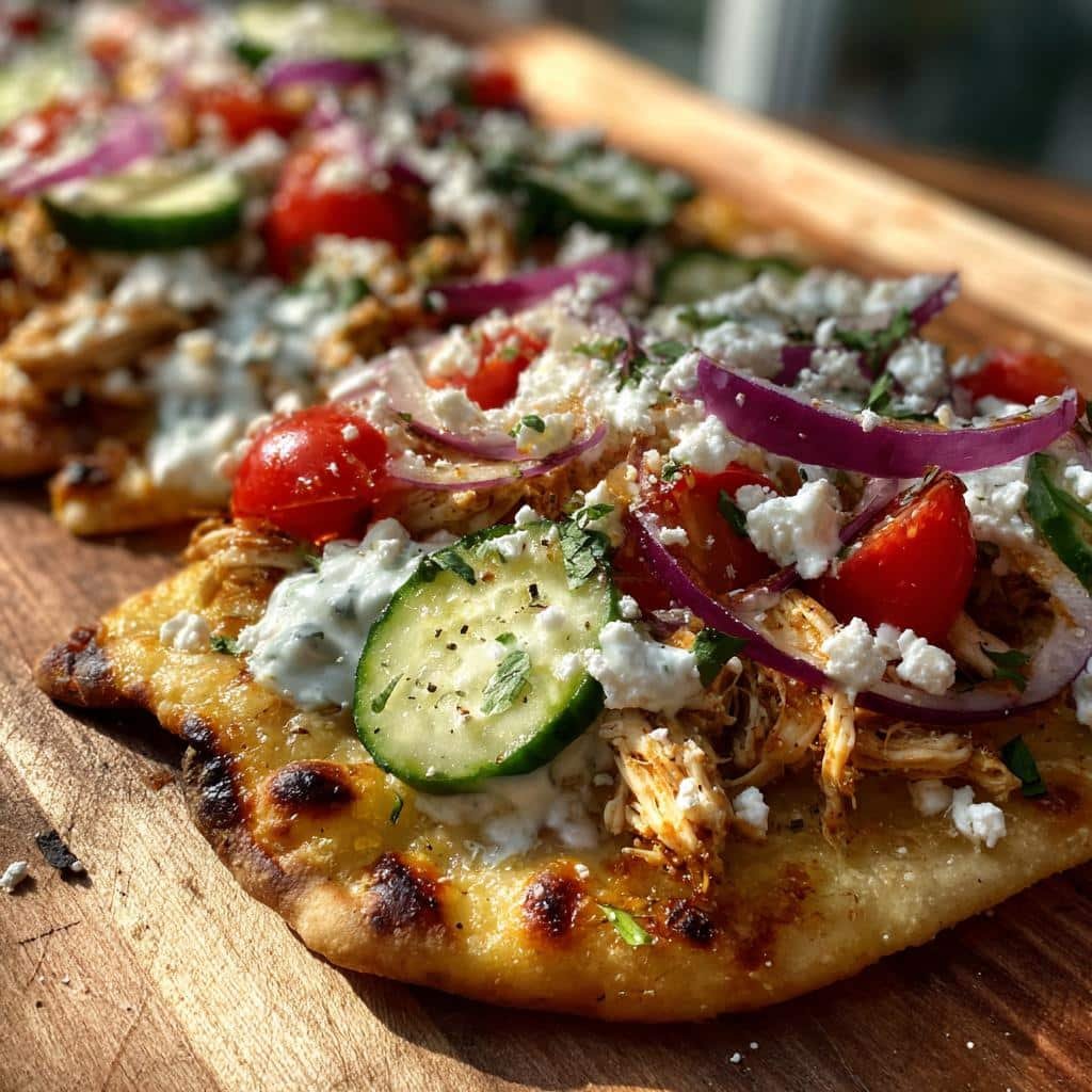 20-Minute Tzatziki Chicken Naan Pizza - Heavenly Fast Feast 3 tzatziki chicken veggie naan pizza - detail 1