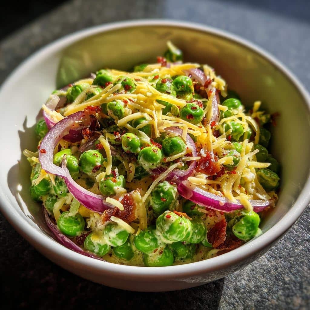 pea salad with red onions and cheese is delicious - detail 1