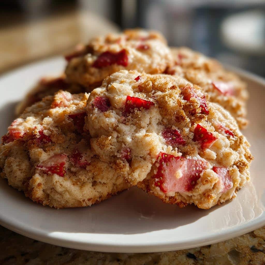"5-Ingredient Strawberry Cheesecake Cookies You’ll Crave" (52 characters) 3 strawberry cheesecake cookies are a delicious treat - detail 1
