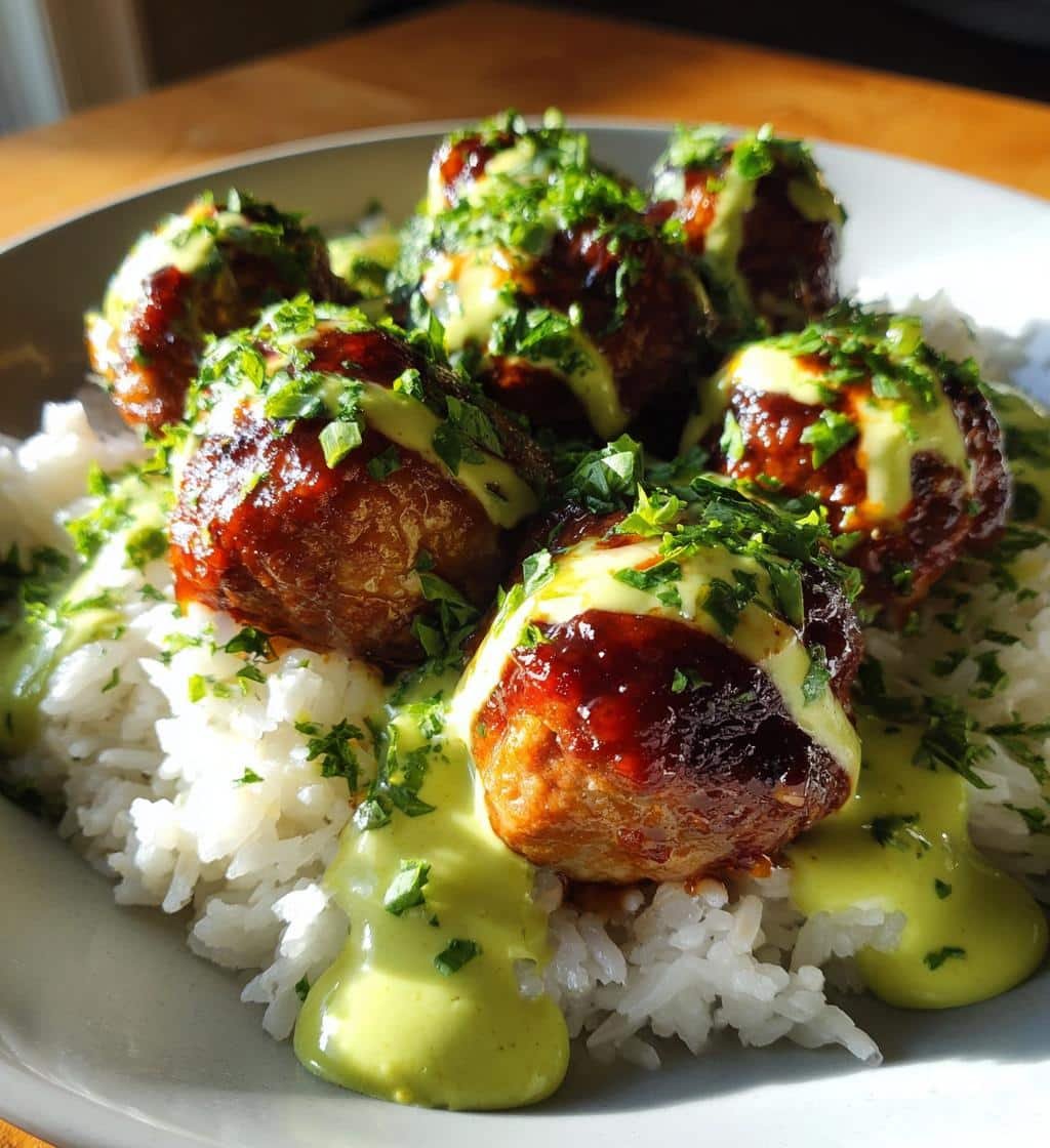 Juicy Barbecue Meatball Bowls with Magic Avocado Sauce - 25 Min Meal 3 barbecue meatball bowls with avocado goddess sauce - detail 1