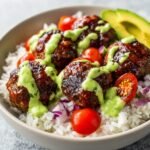 barbecue meatball bowls with avocado goddess sauce