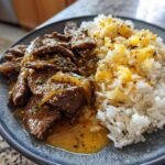 creamy garlic butter beef and cheddar rice delight