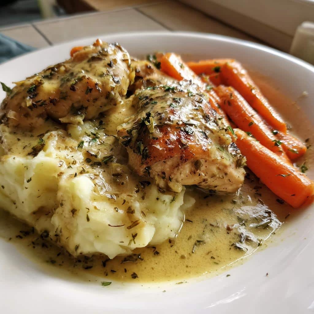 creamy herb chicken with mashed potatoes and glazed carrots - detail 1
