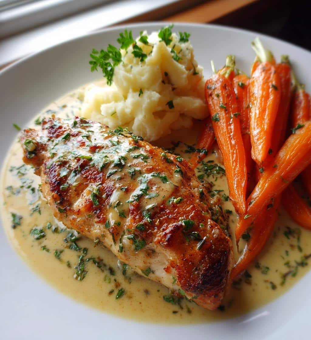 creamy herb chicken with mashed potatoes and glazed carrots - detail 1