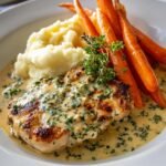 creamy herb chicken with mashed potatoes and glazed carrots