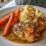 creamy herb chicken with mashed potatoes and glazed carrots