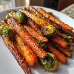 crispy maple glazed carrots and brussel sprouts