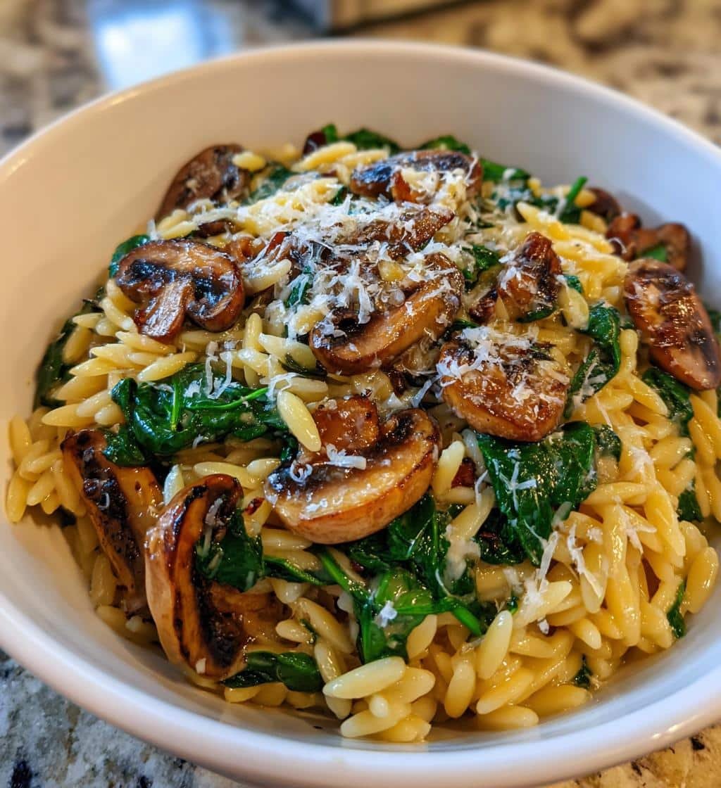 garlic butter orzo with mushrooms and spinach - detail 1