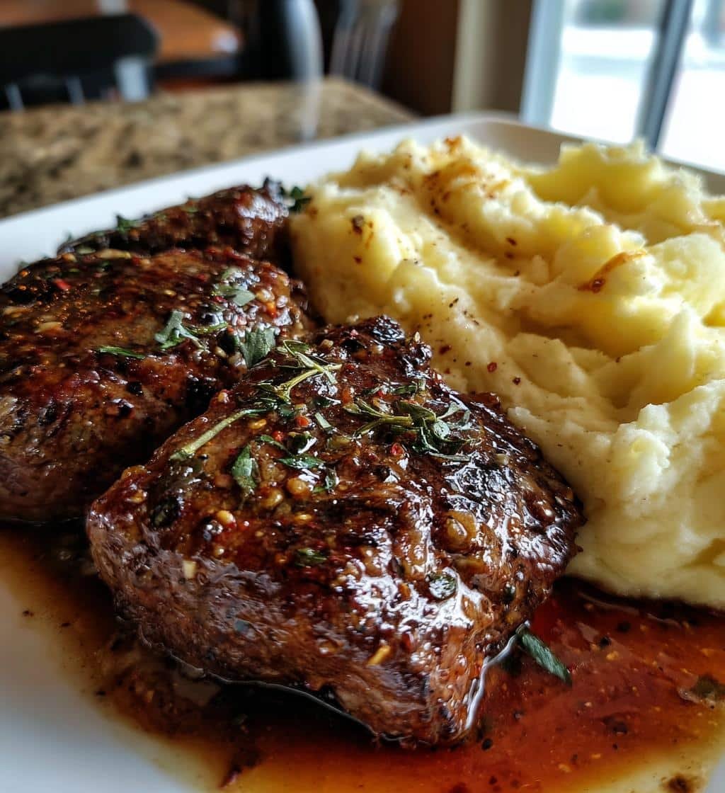 garlic pepper steak medallions with buttery mashed potatoes - detail 1
