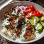 greek chicken rice bowl with creamy tzatziki