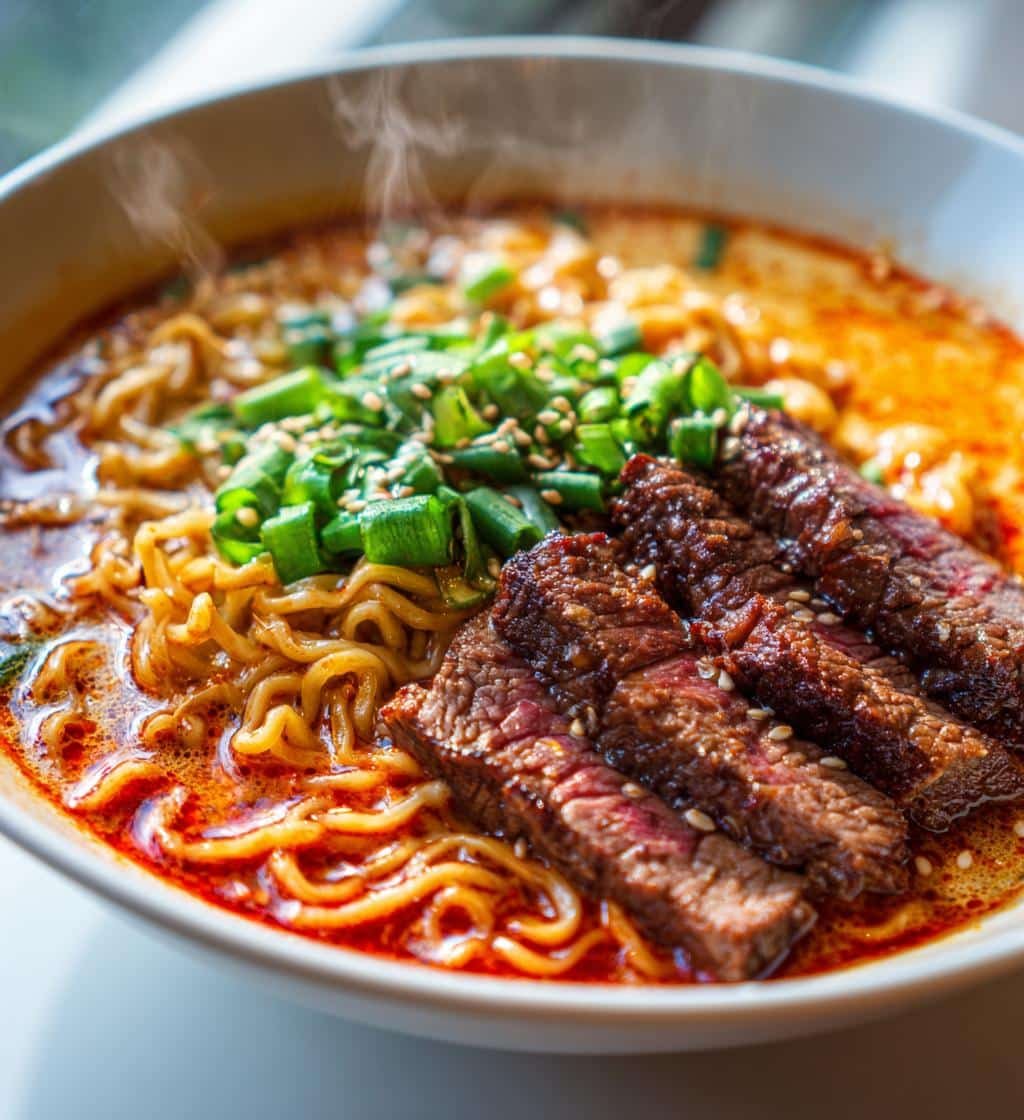 spicy korean ramen with grilled beef and creamy sauce - detail 1