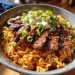 spicy korean ramen with grilled beef and creamy sauce